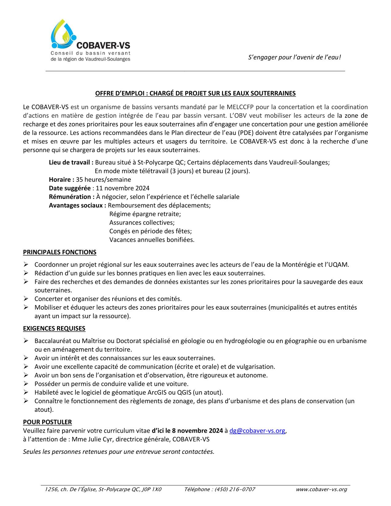 OFFRE D'EMPLOI: Chargé de projet sur les eaux souterraines OFFRE D'EMPLOI: Chargé de projet sur les eaux souterraines